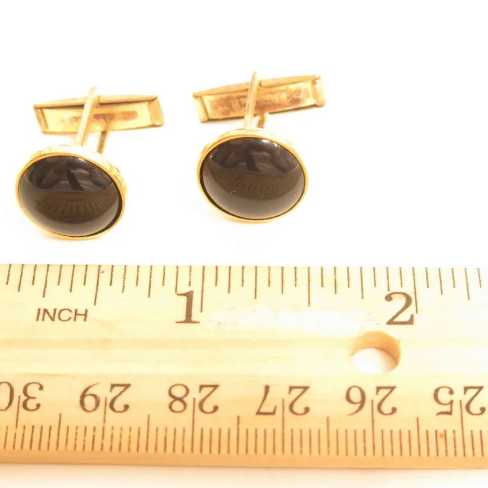 Vintage Mens Gold Tone Black Cabochon Round Cufflinks Classic Formal T-Back Pair